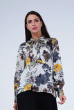 Alona Flower Button-up Print Blouse With Tie Neck