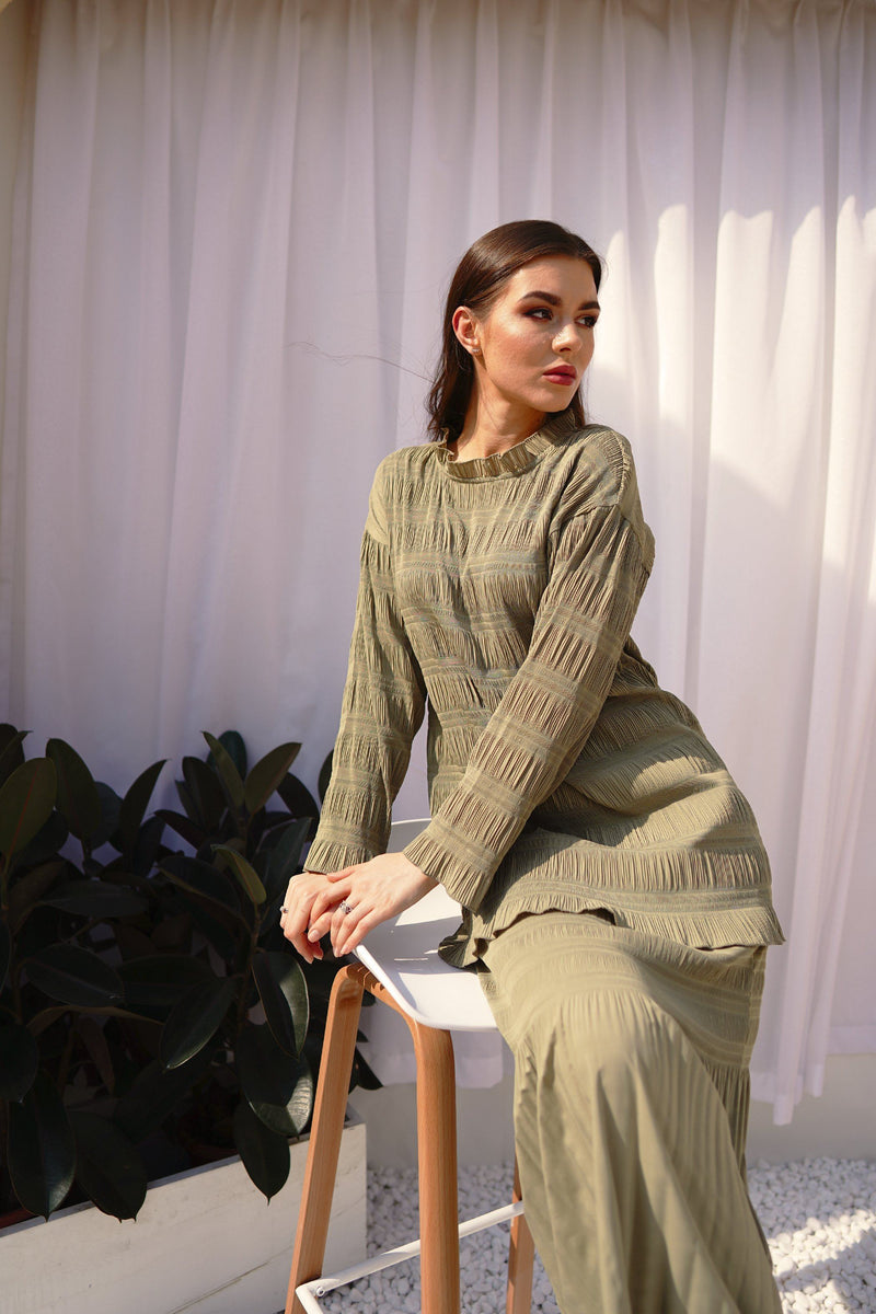 Light Olive Green | Pleated Dress